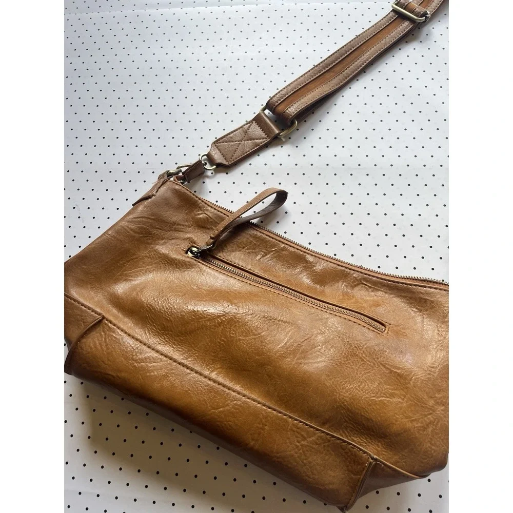 Joy Susan Cognac Vegan Leather Crossbody Slouch Hobo Bag Boho